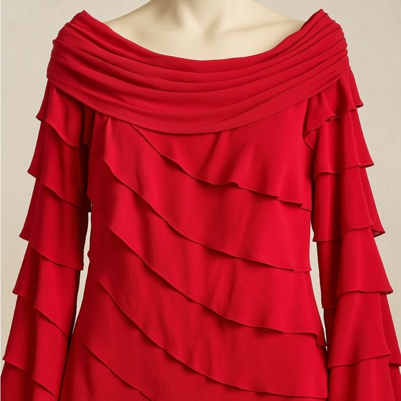 Tadashi Collection Red Ruffle Silk Off-Shoulder Blouse – Size 12 - Picture 1 of 13